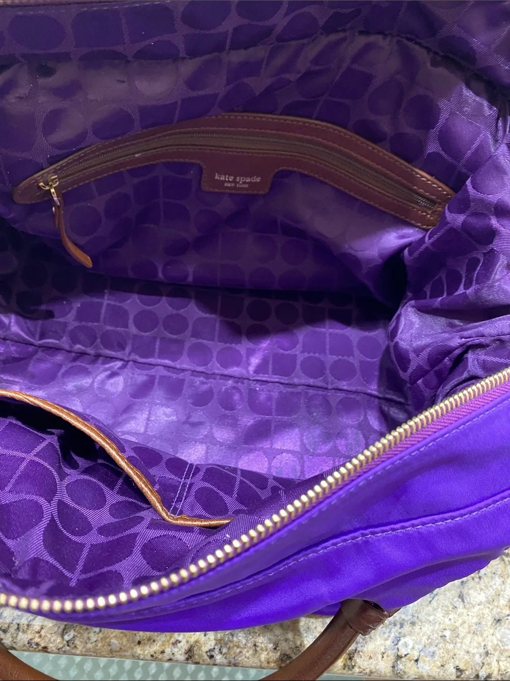kate spade vibrant purple nylon shoulder bag with brown leather handles